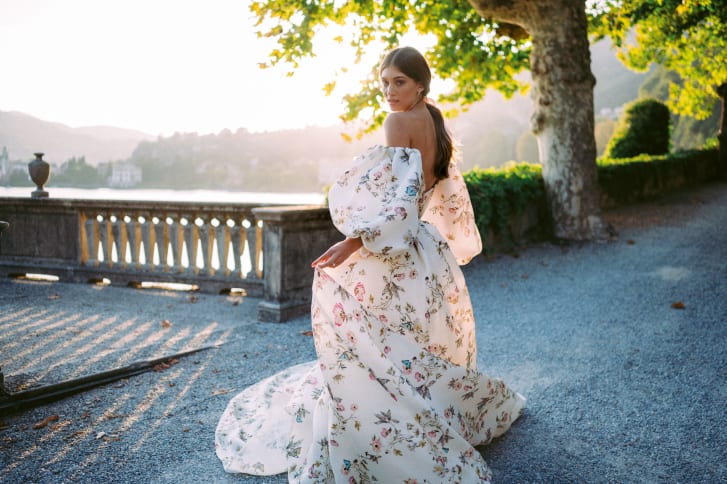Photo of a floral Monique L'huillier wedding dress